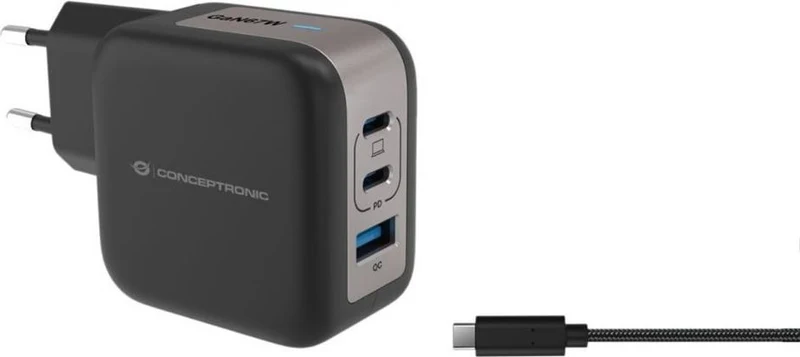 B-Ware Conceptronic Ladegerät Netzteil USB Ladeadapter Schwarz 3 Port 150 cm Kabel