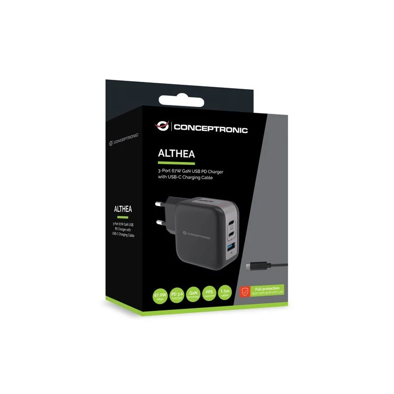 B-Ware Conceptronic Ladegerät Netzteil USB Ladeadapter Schwarz 3 Port 150 cm Kabel