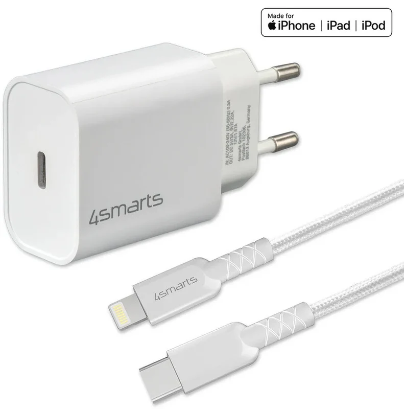 B-Ware 4smarts Schnelllade-Set Ladegerät 20W Apple Kabel 1,5m iPhone Ladekabel weiß