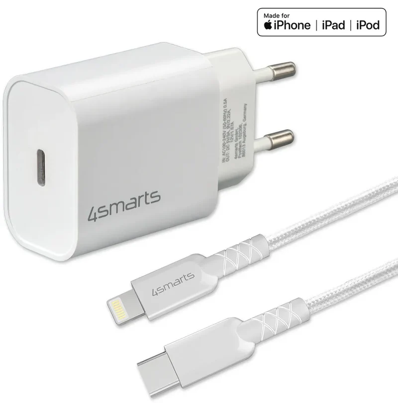 B-Ware 4smarts Schnelllade-Set Ladegerät 20W Apple Kabel 1,5m iPhone Ladekabel weiß