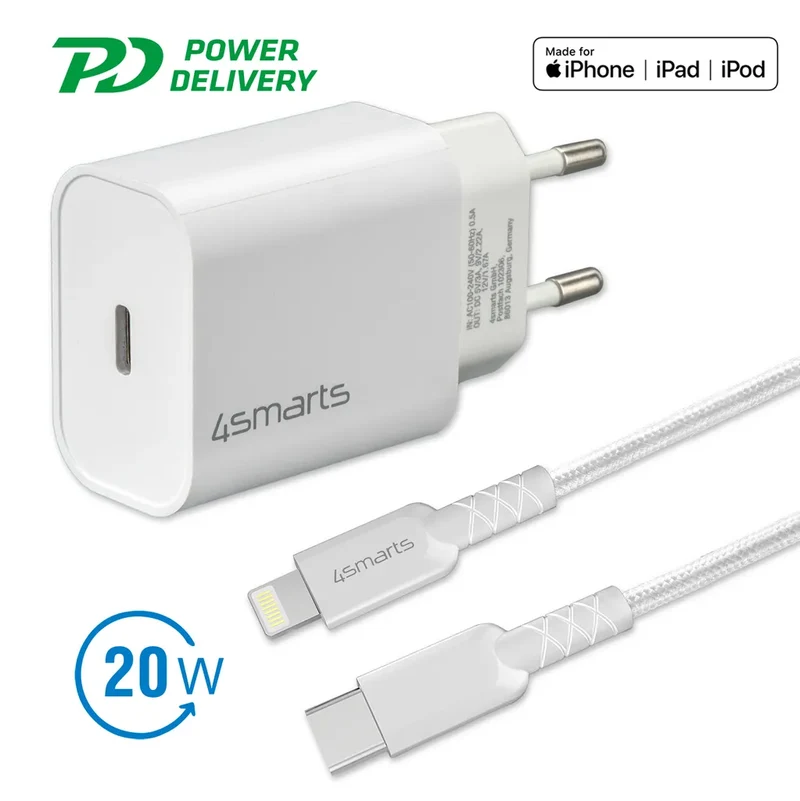 B-Ware 4smarts Schnelllade-Set Ladegerät 20W Apple Kabel 1,5m iPhone Ladekabel weiß