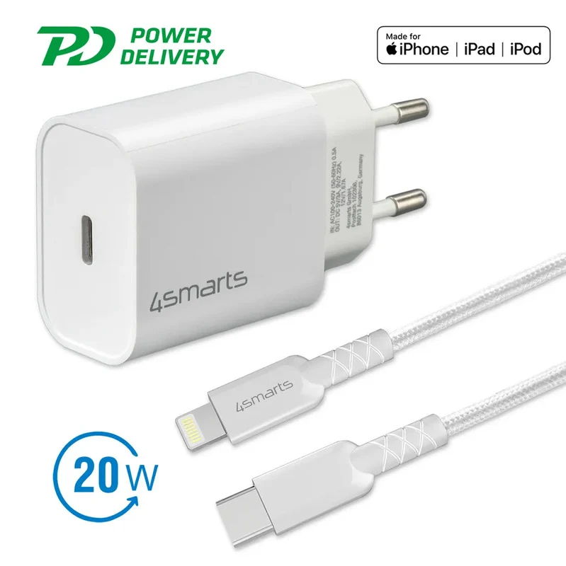B-Ware 4smarts Schnelllade-Set Ladegerät 20W Apple Kabel 1,5m iPhone Ladekabel weiß