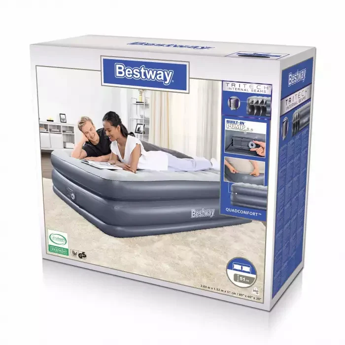 B-Ware BESTWAY Luftmatratze Tritech Queen Gästebett 203x152x51cm mit Pumpe robust PVC