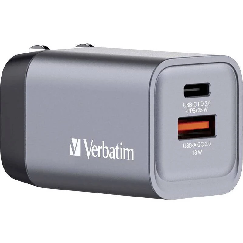 B-Ware Verbatim Reiseladeadapter Ladegerät GaN USB-C USB-A Grau Smartphone Tablet