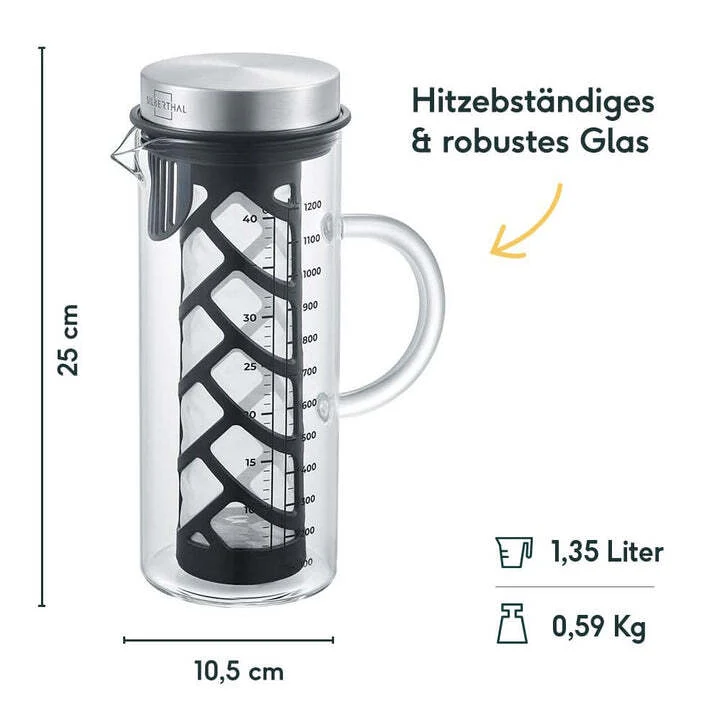 B-Ware Cold Brew Karaffe 2.0 Kaffeebereiter Glaskanne Cold Brew Kaffee Filter 1,3 L