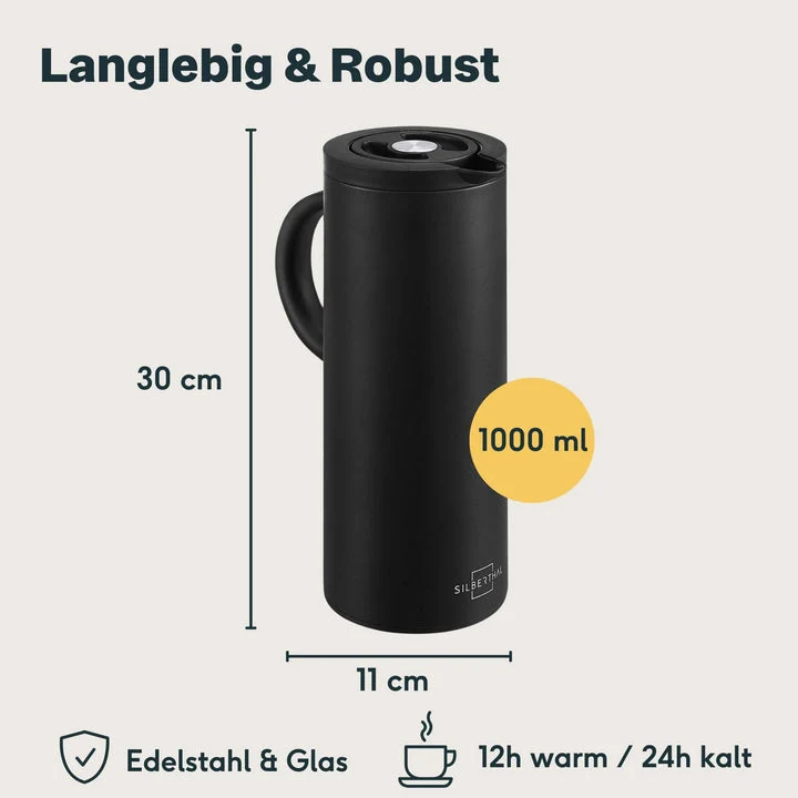 B-Ware SILBERTHAL Thermoskanne Kaffeekanne Isolierkanne Glaseinsatz Edelstahl 1L328