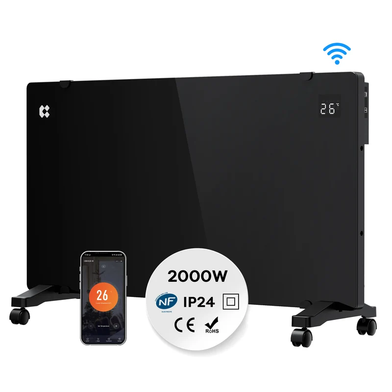 Ciarra Konvektorheizung WLAN 2000W – Schnelle Erwärmung, Mobiler Heizkörper mit Rollen & Wandmontage, Schwarz | CBHX20-B