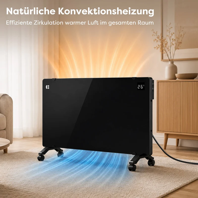 Ciarra Konvektorheizung WLAN 2000W – Schnelle Erwärmung, Mobiler Heizkörper mit Rollen & Wandmontage, Schwarz | CBHX20-B