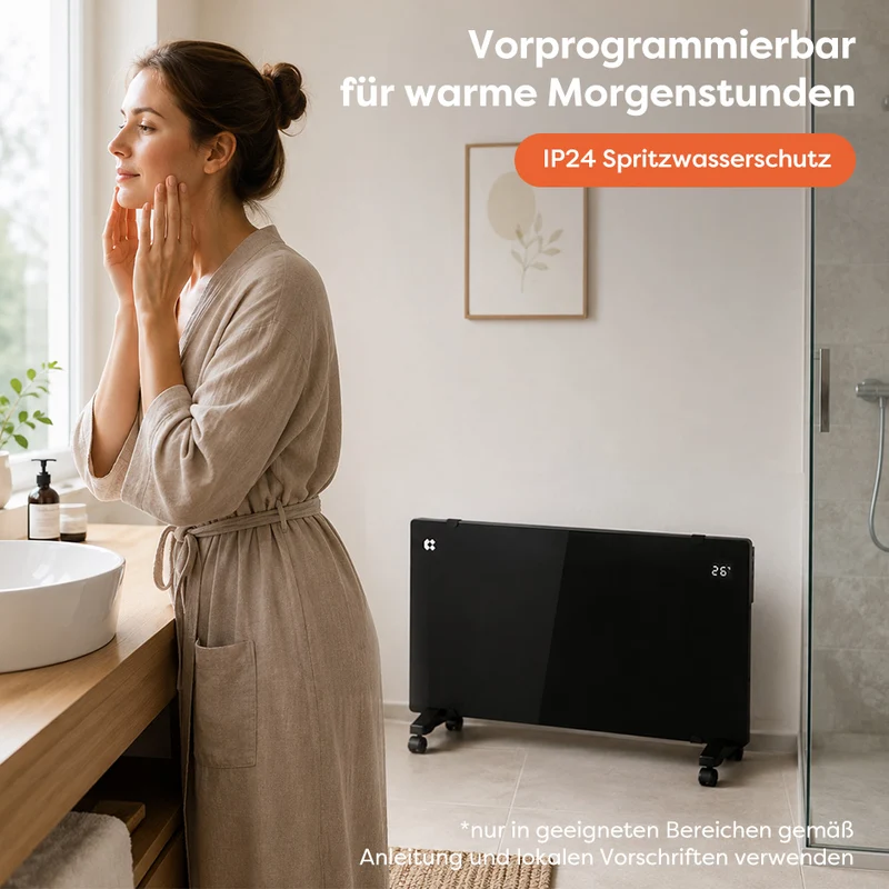 Ciarra Konvektorheizung WLAN 2000W – Schnelle Erwärmung, Mobiler Heizkörper mit Rollen & Wandmontage, Schwarz | CBHX20-B