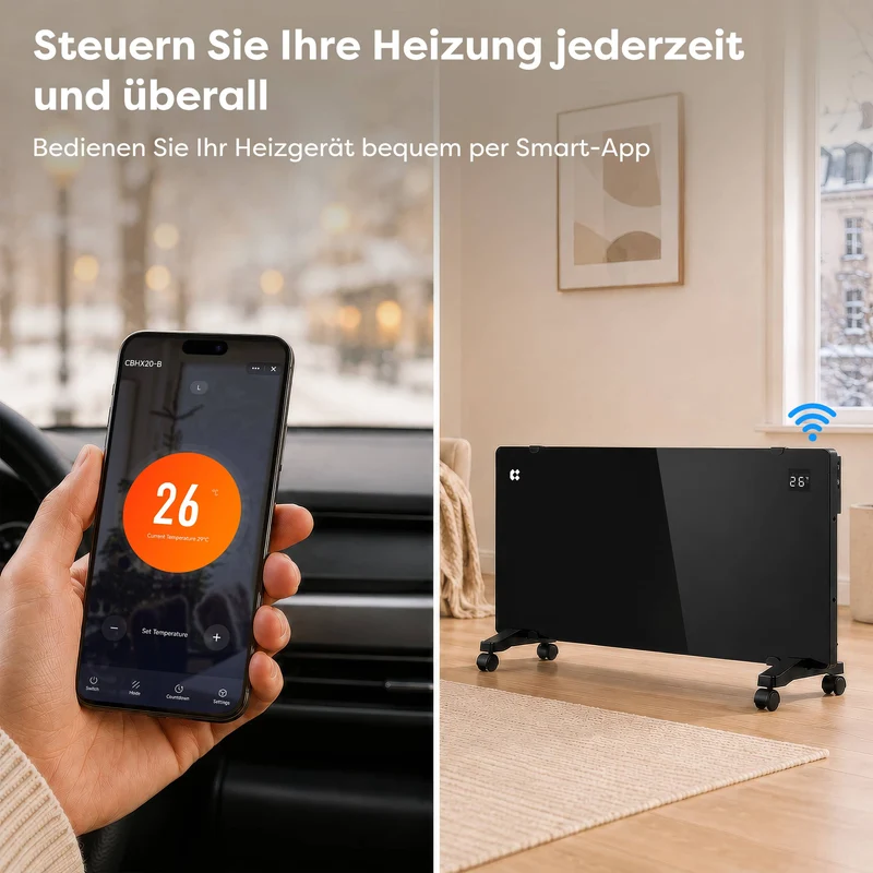 Ciarra Konvektorheizung WLAN 2000W – Schnelle Erwärmung, Mobiler Heizkörper mit Rollen & Wandmontage, Schwarz | CBHX20-B