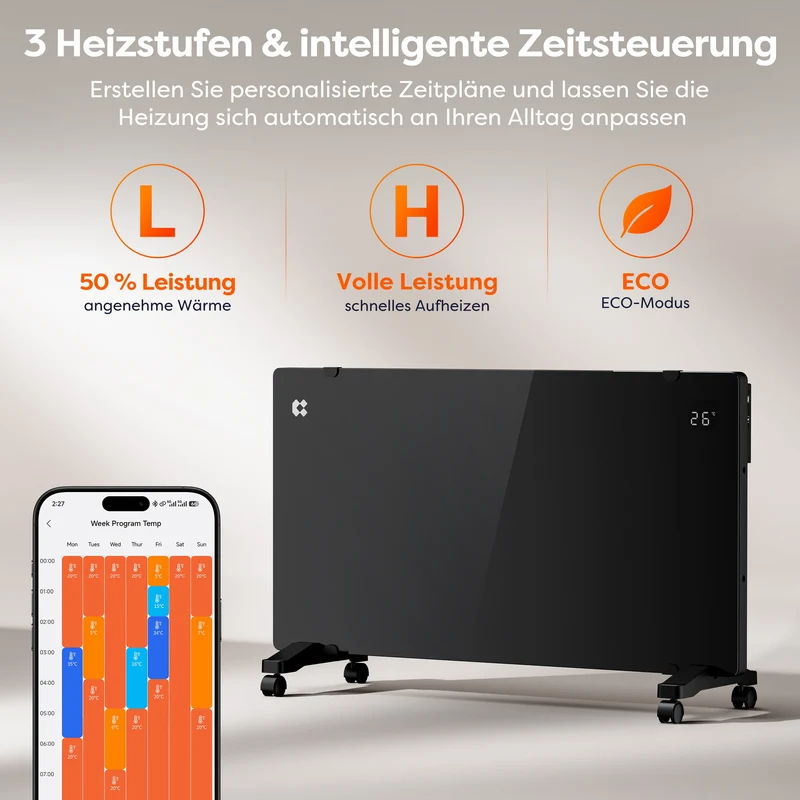 Ciarra Konvektorheizung WLAN 2000W – Schnelle Erwärmung, Mobiler Heizkörper mit Rollen & Wandmontage, Schwarz | CBHX20-B