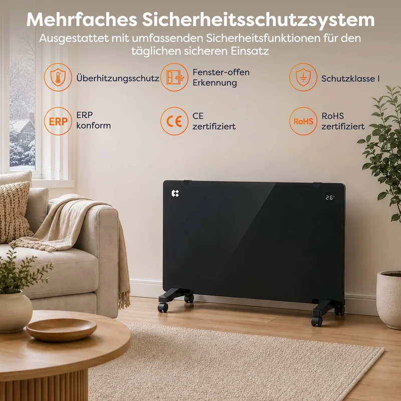 Ciarra Konvektorheizung WLAN 2000W – Schnelle Erwärmung, Mobiler Heizkörper mit Rollen & Wandmontage, Schwarz | CBHX20-B