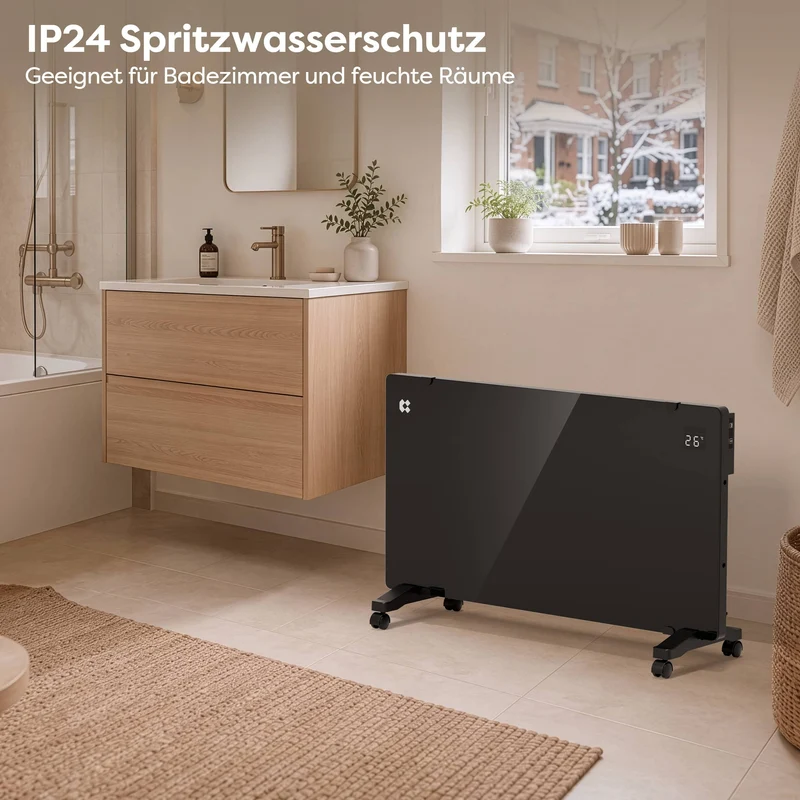 Ciarra Konvektorheizung WLAN 2000W – Schnelle Erwärmung, Mobiler Heizkörper mit Rollen & Wandmontage, Schwarz | CBHX20-B