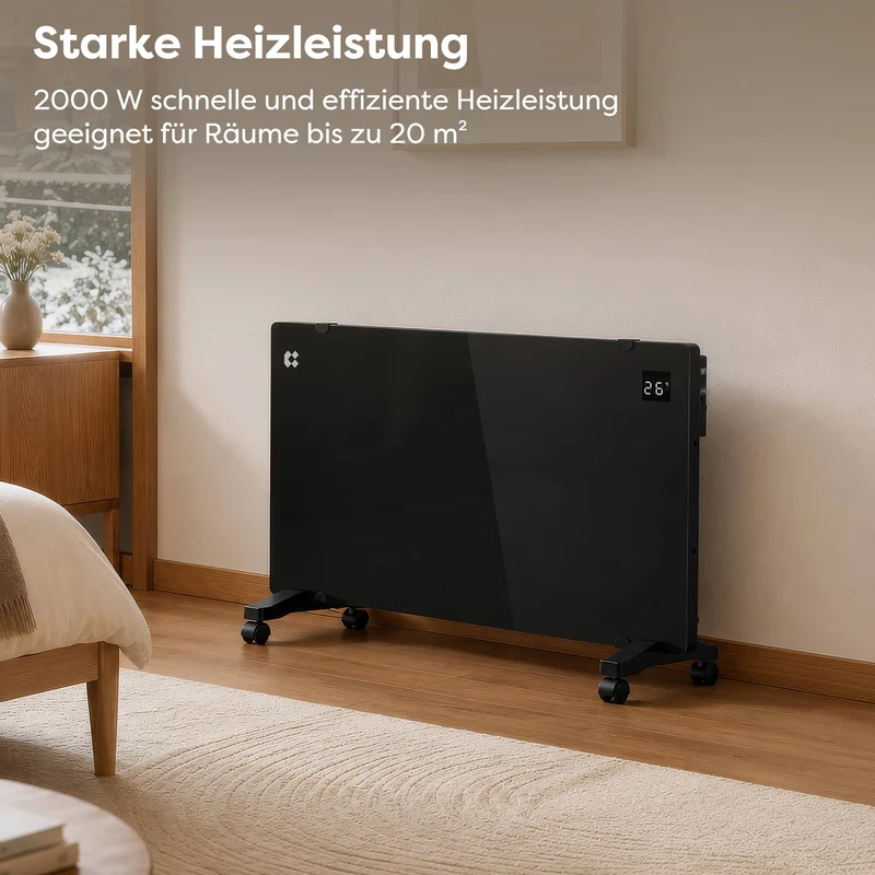 Ciarra Konvektorheizung WLAN 2000W – Schnelle Erwärmung, Mobiler Heizkörper mit Rollen & Wandmontage, Schwarz | CBHX20-B