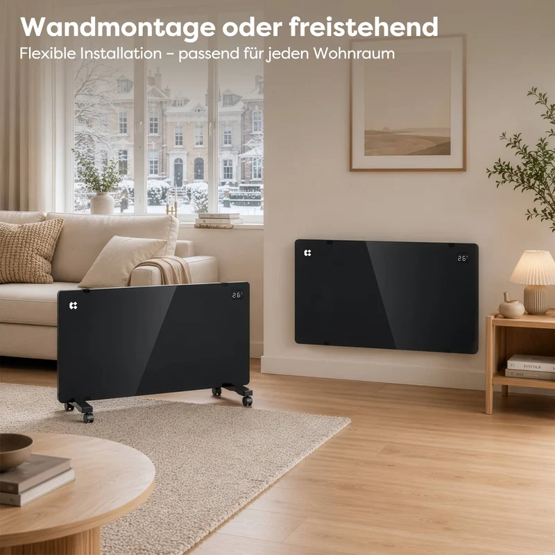 Ciarra Konvektorheizung WLAN 2000W – Schnelle Erwärmung, Mobiler Heizkörper mit Rollen & Wandmontage, Schwarz | CBHX20-B