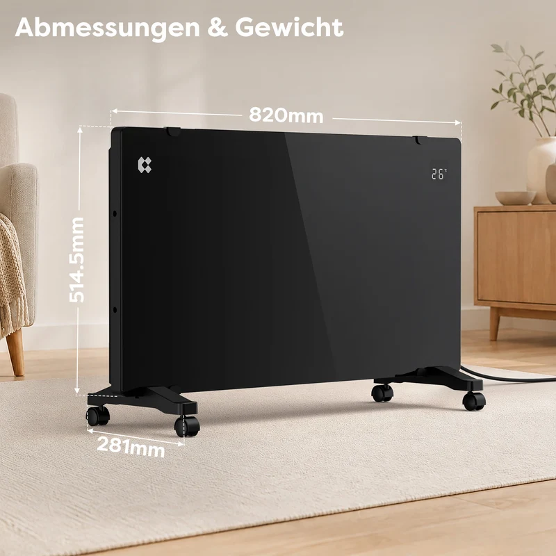 Ciarra Konvektorheizung WLAN 2000W – Schnelle Erwärmung, Mobiler Heizkörper mit Rollen & Wandmontage, Schwarz | CBHX20-B
