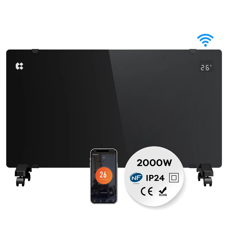 Ciarra Konvektorheizung WLAN 2000W – Schnelle Erwärmung, Mobiler Heizkörper mit Rollen & Wandmontage, Schwarz | CBHX20-B