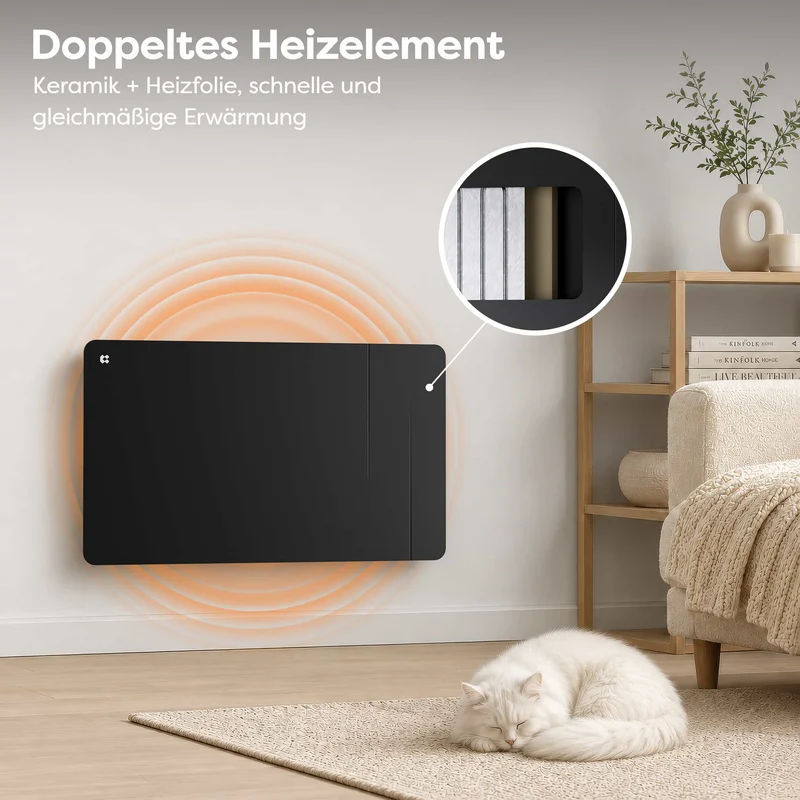 Ciarra WLAN Keramikheizung Elektroheizung 1500W IP24 Badheizung mit App, Schwarz | CBHTD15A-B