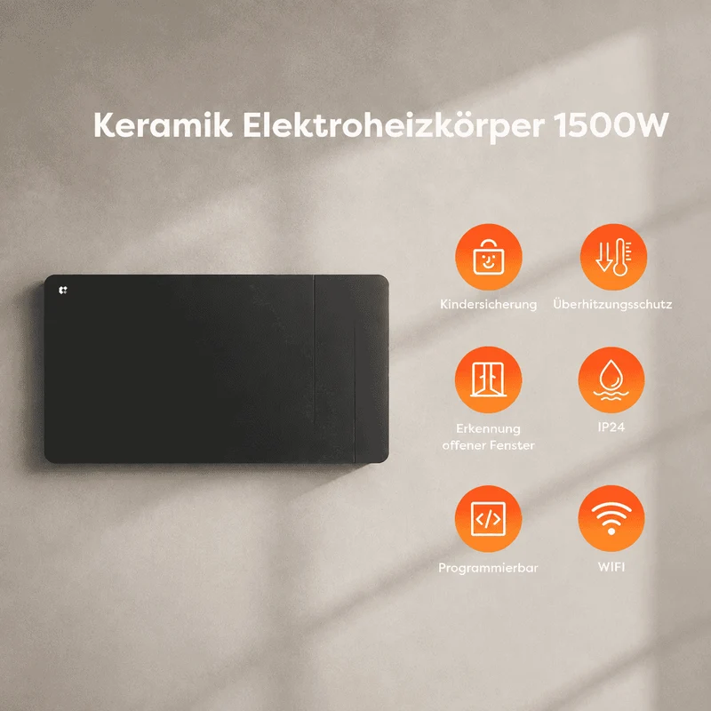 Ciarra WLAN Keramikheizung Elektroheizung 1500W IP24 Badheizung mit App, Schwarz | CBHTD15A-B