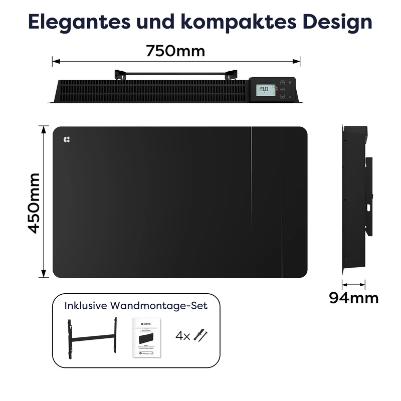 Ciarra WLAN Keramikheizung Elektroheizung 1500W IP24 Badheizung mit App, Schwarz | CBHTD15A-B