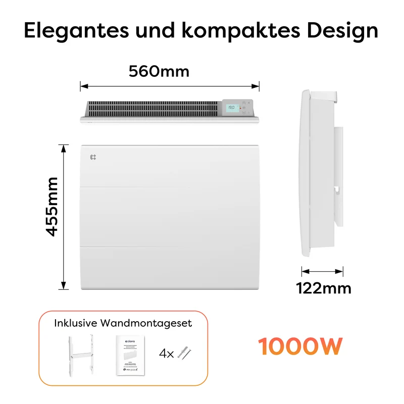CIARRA Elektroheizung mit Keramikkern, Wandheizung Energiesparend mit Keramik-Wärmespeicher, Digitales Thermostat & IP24 für Bad & Wohnzimmer