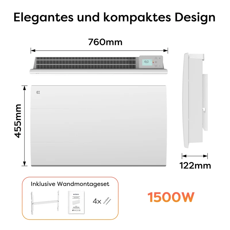 CIARRA Elektroheizung mit Keramikkern, Wandheizung Energiesparend mit Keramik-Wärmespeicher, Digitales Thermostat & IP24 für Bad & Wohnzimmer