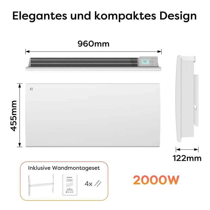 CIARRA Elektroheizung mit Keramikkern, Wandheizung Energiesparend mit Keramik-Wärmespeicher, Digitales Thermostat & IP24 für Bad & Wohnzimmer