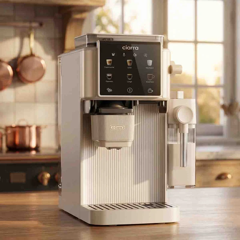Ciarra Espressomaschine mit Mahlwerk & Siebträger, 15 bar mit PID-Temperatursteuerung und automatischem Milchaufschäumer, Beige | CBSACM-D6