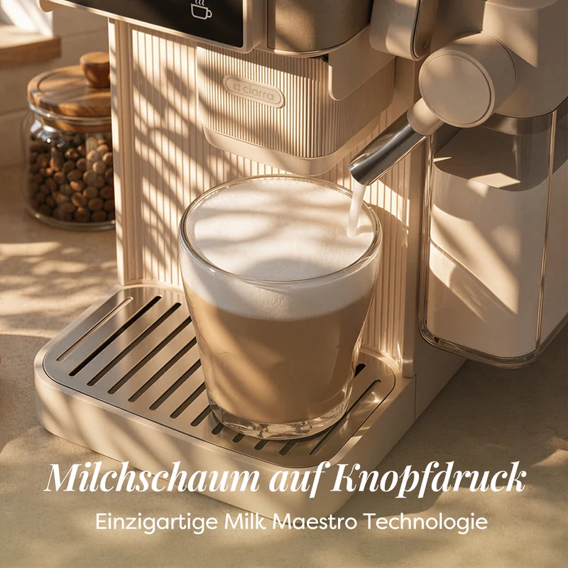 Ciarra Espressomaschine mit Mahlwerk & Siebträger, 15 bar mit PID-Temperatursteuerung und automatischem Milchaufschäumer, Beige | CBSACM-D6