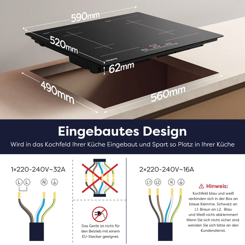 Ciarra Premium-Set: 90cm Wandhaube + 60cm Induktionskochfeld 4 Zonen