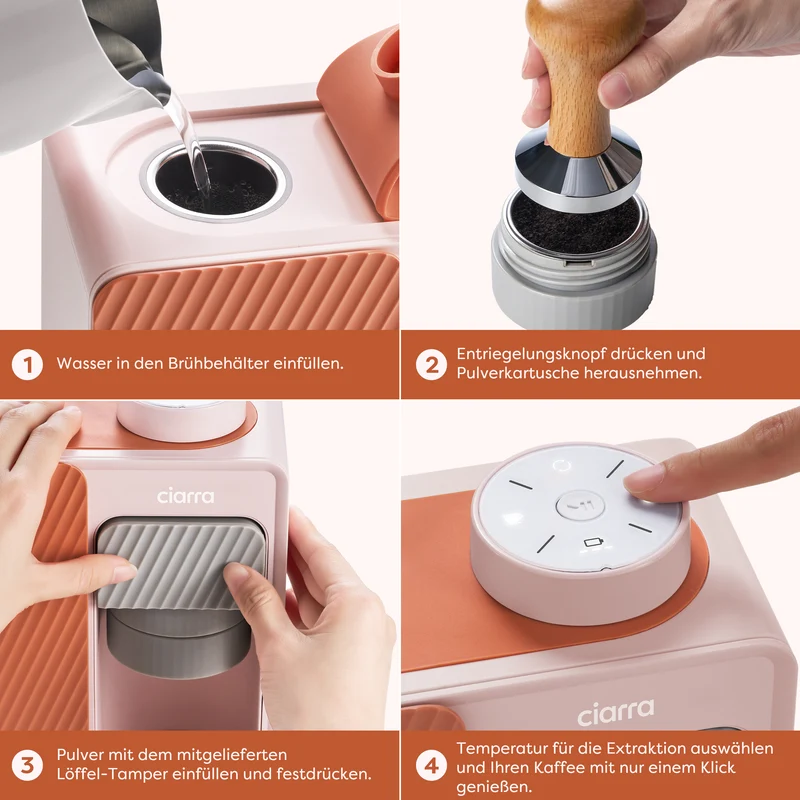 Ciarra BloomBox Kaffeemaschine Tragbare Espressomaschine 15 Bar, Umweltfreundlich Kapsellos, Zuhause & Outdoor | CBPCM551-P