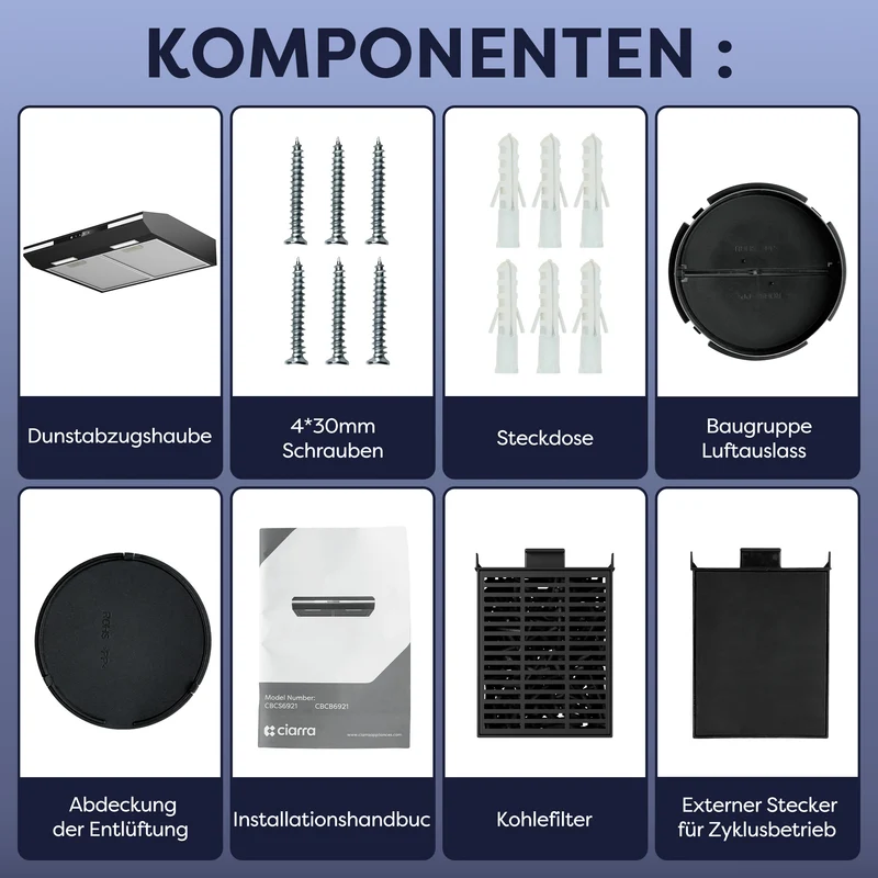 Ciarra 60cm Unterbau Dunstabzugshaube Flachschirm, Touch Steuerung, LED Beleuchtung, Aktivkohlefilter | CBCB6921