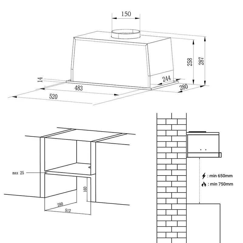 Ciarra 52cm Einbau Dunstabzugshaube Unterbau A Klasse, Umluft & Abluft, LED | CBCB5931A