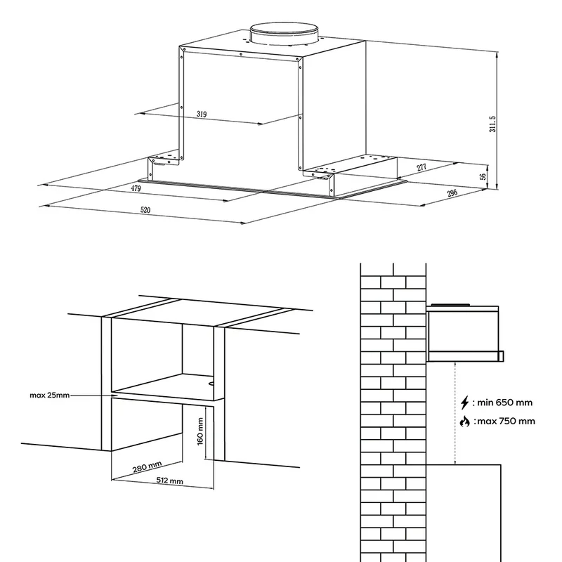 Ciarra 52cm Integrierte Dunstabzugshaube Einbau Dunstabzugshaube A Klasse, Hauben mit Gestensteuerung, Umluft & Abluft, LED | CBCB5931C
