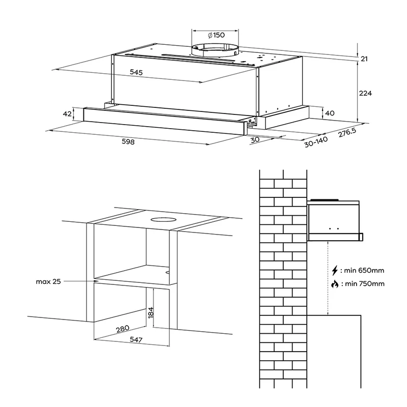 Ciarra 60cm Flachschirmhaube Einbau-Dunstabzugshaube ausziehbar Klasse A+, Dunstabzugshaube Unterbau Ausziehbar Flach, Touch, LED-Beleuchtung | CBCS6909A