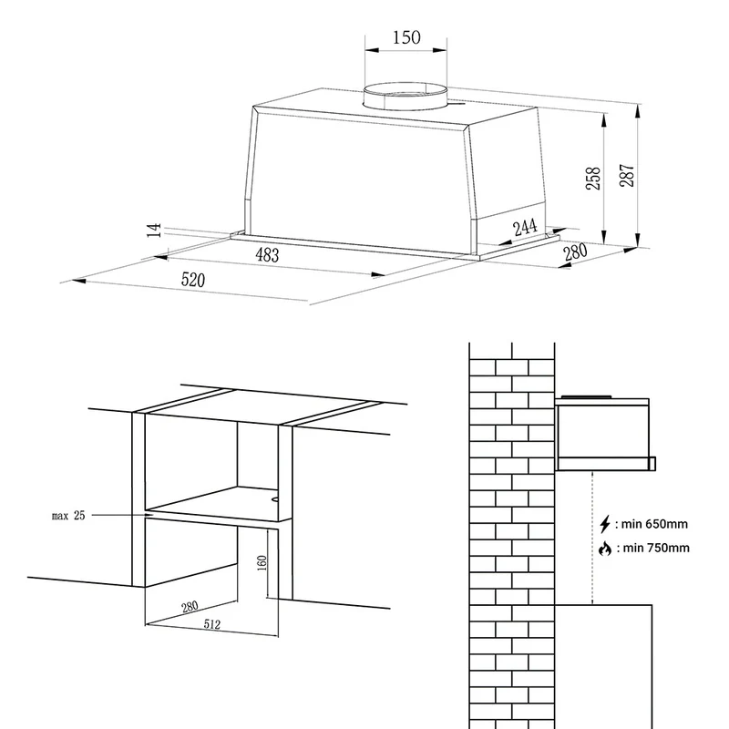 Ciarra 52cm Einbau Dunstabzugshaube A Klasse, Umluft & Abluft, LED | CBCB5931B