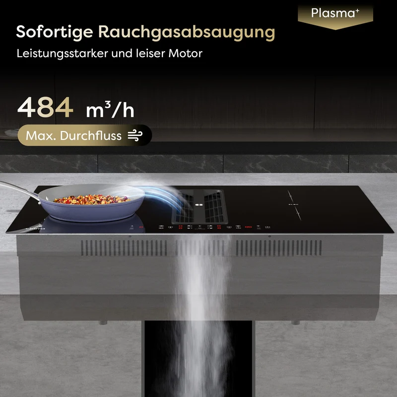Ciarra ONE Induktionskochfeld mit Dunstabzug Ultra 830 mm mit integriertem Plasma⁺-System und Boost und Flexzone CBBEH834BBFF-OW