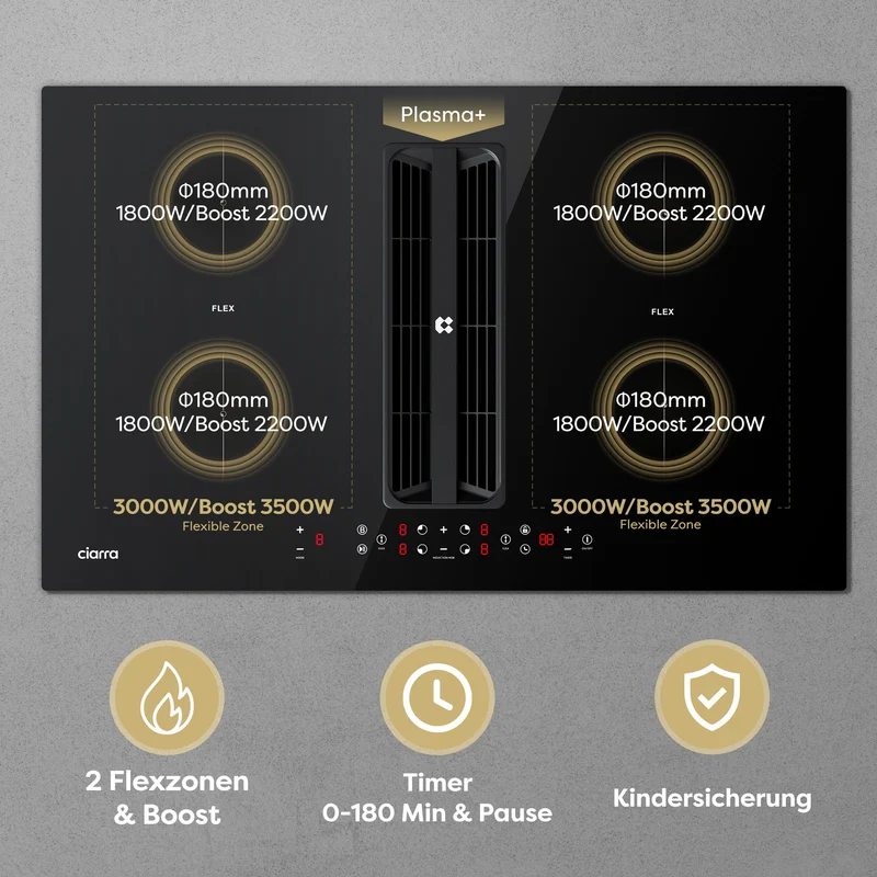 Ciarra ONE Induktionskochfeld mit Dunstabzug Ultra 830 mm mit integriertem Plasma⁺-System und Boost und Flexzone CBBEH834BBFF-OW