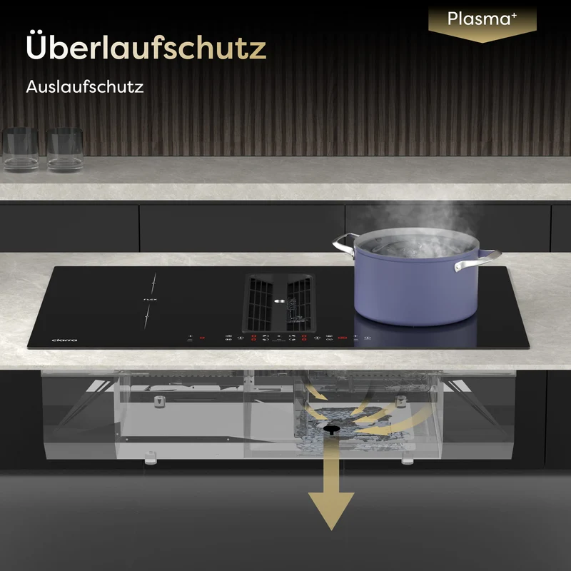 Ciarra ONE Induktionskochfeld mit Dunstabzug Ultra 830 mm mit integriertem Plasma⁺-System und Boost und Flexzone CBBEH834BBFF-OW