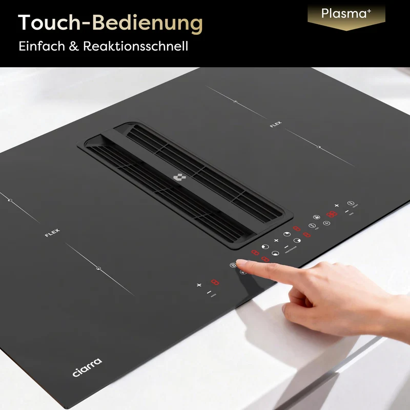 Ciarra ONE Induktionskochfeld mit Dunstabzug Ultra 830 mm mit integriertem Plasma⁺-System und Boost und Flexzone CBBEH834BBFF-OW