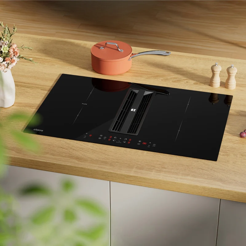 Ciarra ONE Induktionskochfeld mit Dunstabzug Ultra 830 mm mit integriertem Plasma⁺-System und Boost und Flexzone CBBEH834BBFF-OW