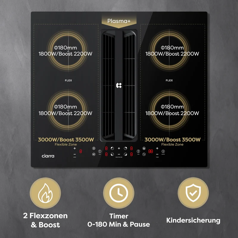 Ciarra ONE Induktionskochfeld mit Dunstabzug Kompakt 590 mm mit integriertem Plasma⁺-System und Boost und Flexzone CBBEH594BBFF-OW