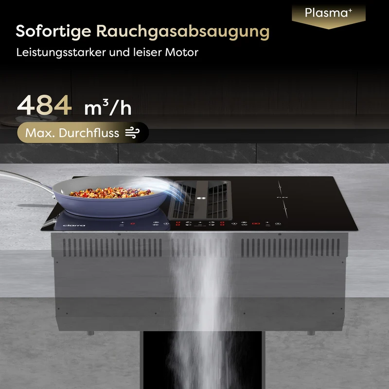 Ciarra ONE Induktionskochfeld mit Dunstabzug Kompakt 590 mm mit integriertem Plasma⁺-System und Boost und Flexzone CBBEH594BBFF-OW