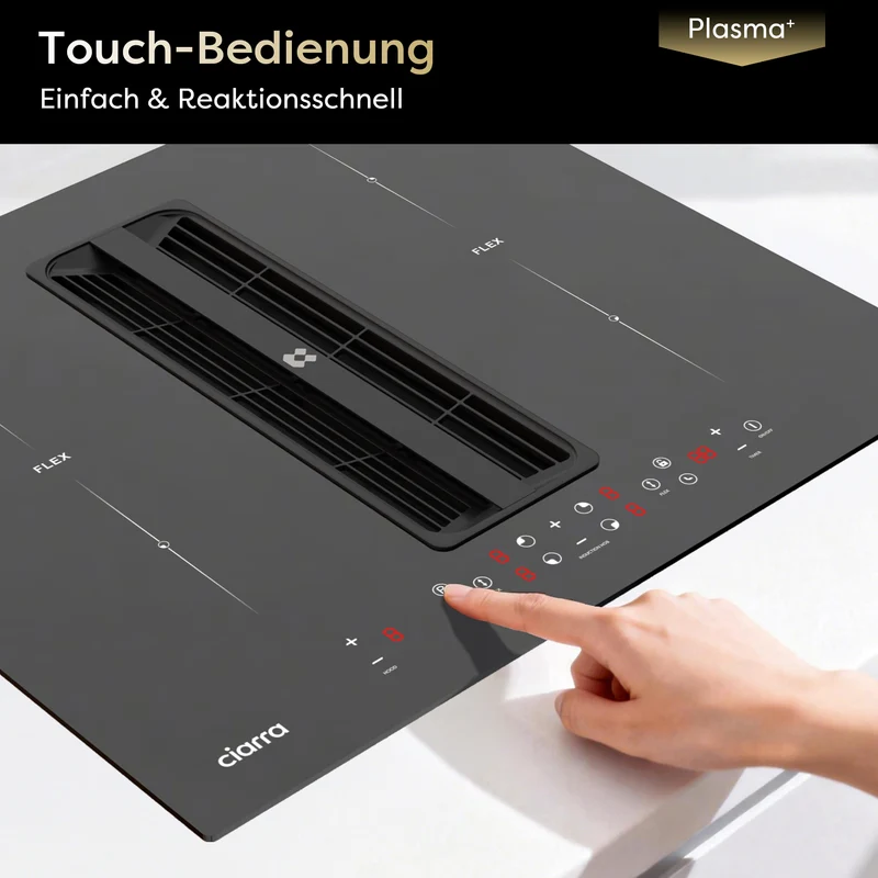 Ciarra ONE Induktionskochfeld mit Dunstabzug Kompakt 590 mm mit integriertem Plasma⁺-System und Boost und Flexzone CBBEH594BBFF-OW
