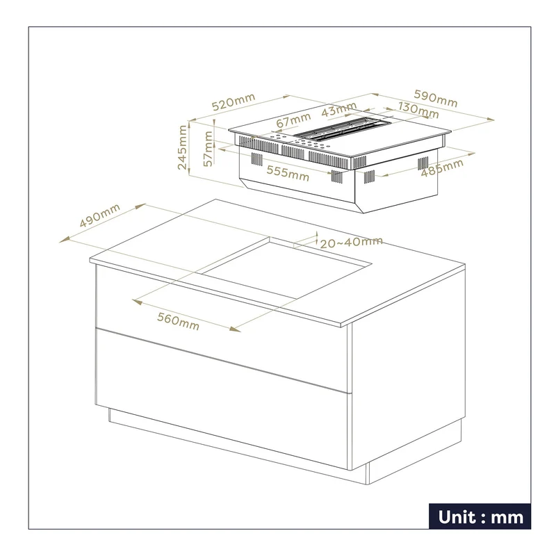 Ciarra ONE Induktionskochfeld mit Dunstabzug Kompakt 590 mm mit integriertem Plasma⁺-System und Boost und Flexzone CBBEH594BBFF-OW