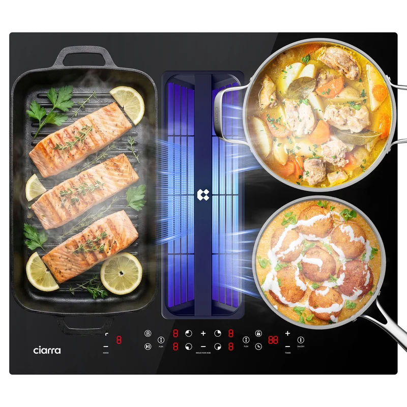 Ciarra ONE Induktionskochfeld mit Dunstabzug Kompakt 590 mm mit integriertem Plasma⁺-System und Boost und Flexzone CBBEH594BBFF-OW