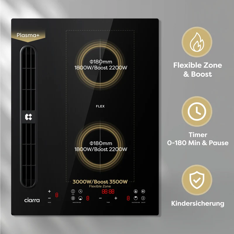 Ciarra ONE Induktionskochfeld mit Dunstabzug Domino 390 mm mit integriertem Plasma⁺-System und Boost und Flexzone CBBEH392BF-OW