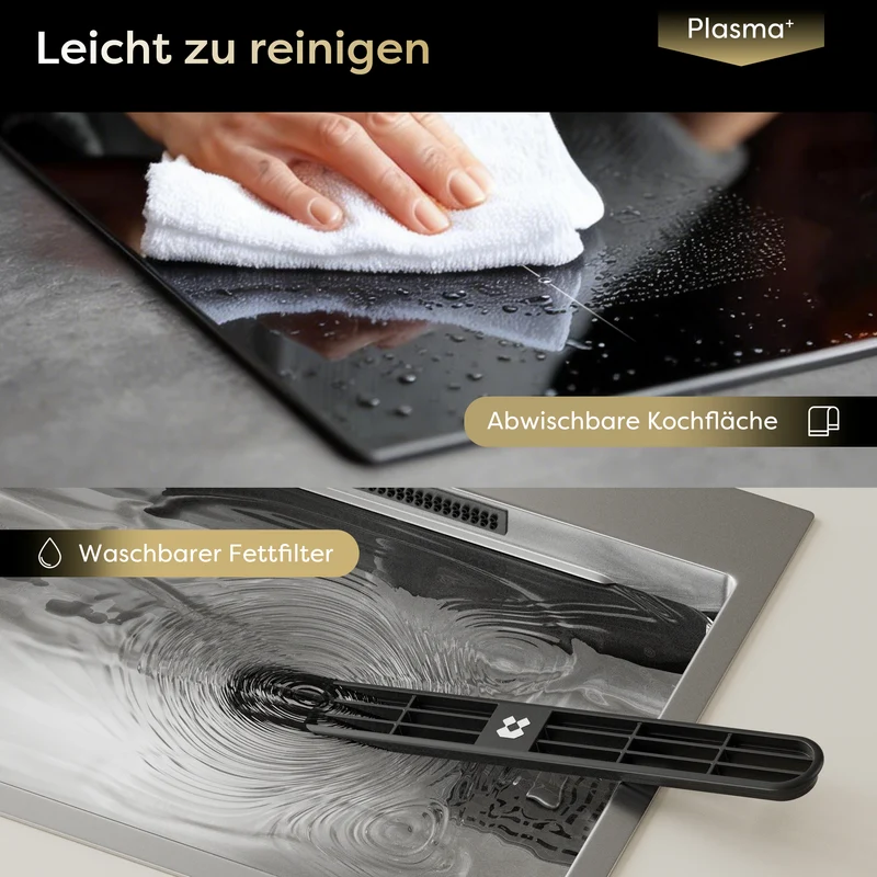 Ciarra ONE Induktionskochfeld mit Dunstabzug Domino 390 mm mit integriertem Plasma⁺-System und Boost und Flexzone CBBEH392BF-OW