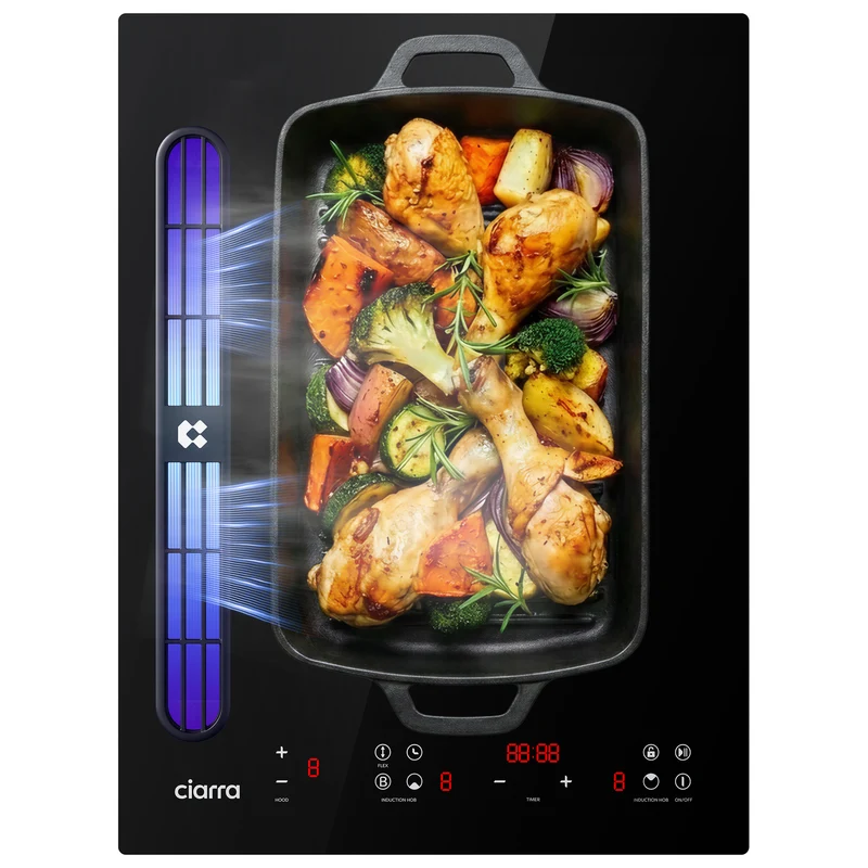 Ciarra ONE Induktionskochfeld mit Dunstabzug Domino 390 mm mit integriertem Plasma⁺-System und Boost und Flexzone CBBEH392BF-OW