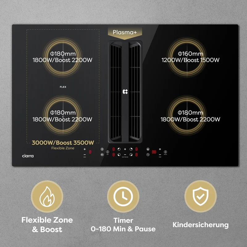 Ciarra ONE Induktions-Abzugskochfeld Ultra 830 mm mit integriertem Plasma⁺-System und Boost und Flexzone CBBEH834BBF-OW
